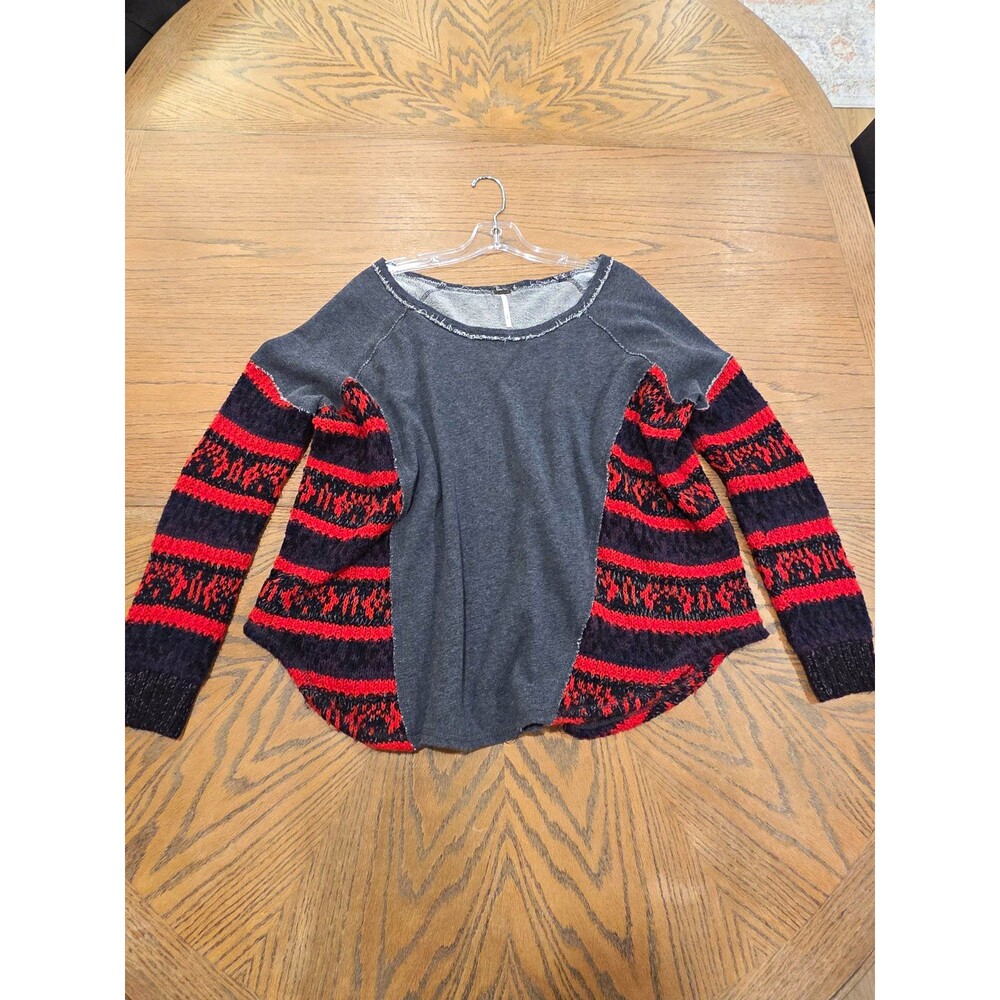 Free People Beautiful Sinner Mixed Media Pullover Top Red Black Knit Oversized M